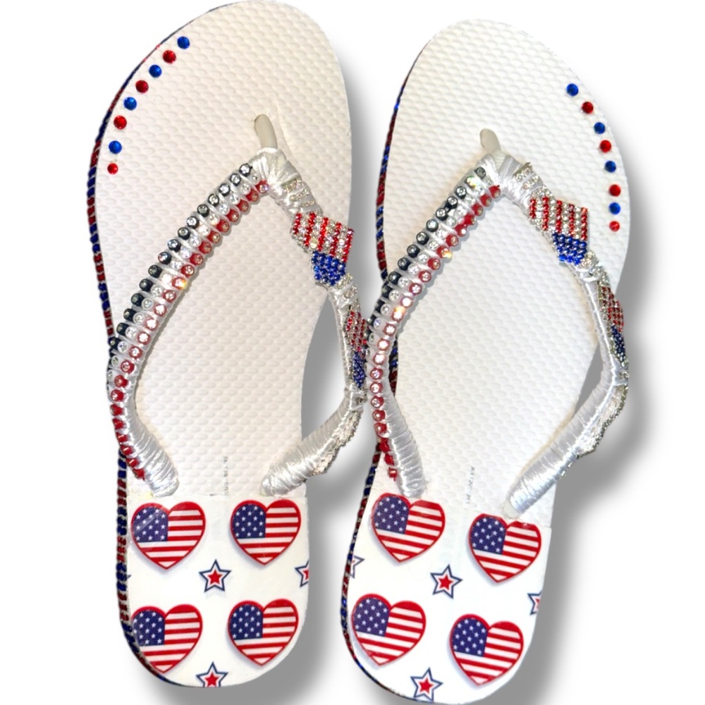 Flip Flops, Old Navy Sandals w/Rhinestone Crystals, American Flag, USA, 4th July